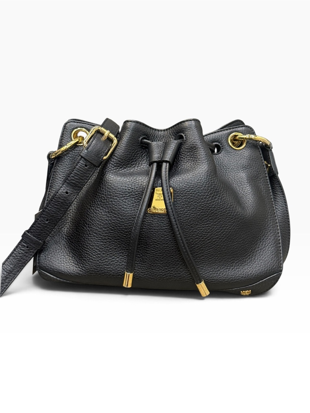 Authentic MCM Black Pebbled Leather Drawstring Bucket Bag